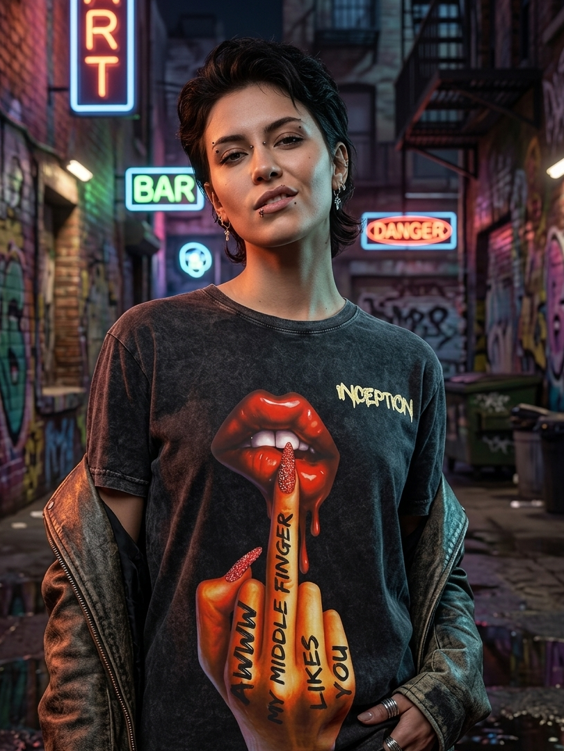Person wearing a graphic t-shirt in an urban alleyway with neon signs.