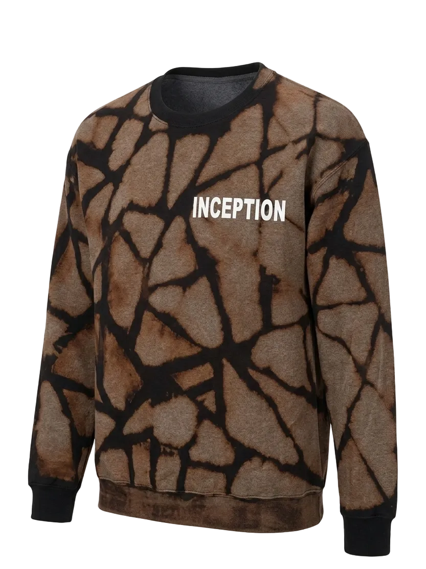 Sweatshirt with abstract pattern and 'INCEPTION' text on a beige background