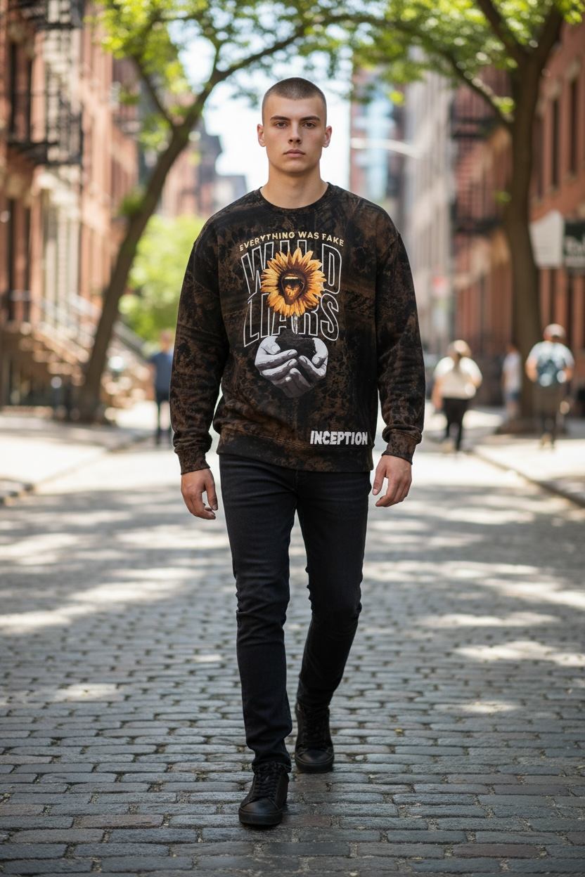 Man wearing a sweater with a sunflower design on a city street
