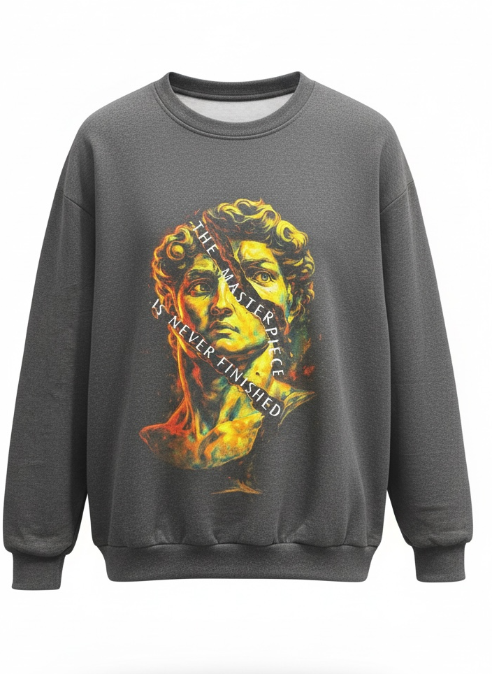 Gray sweatshirt with a colorful graphic design on a white background