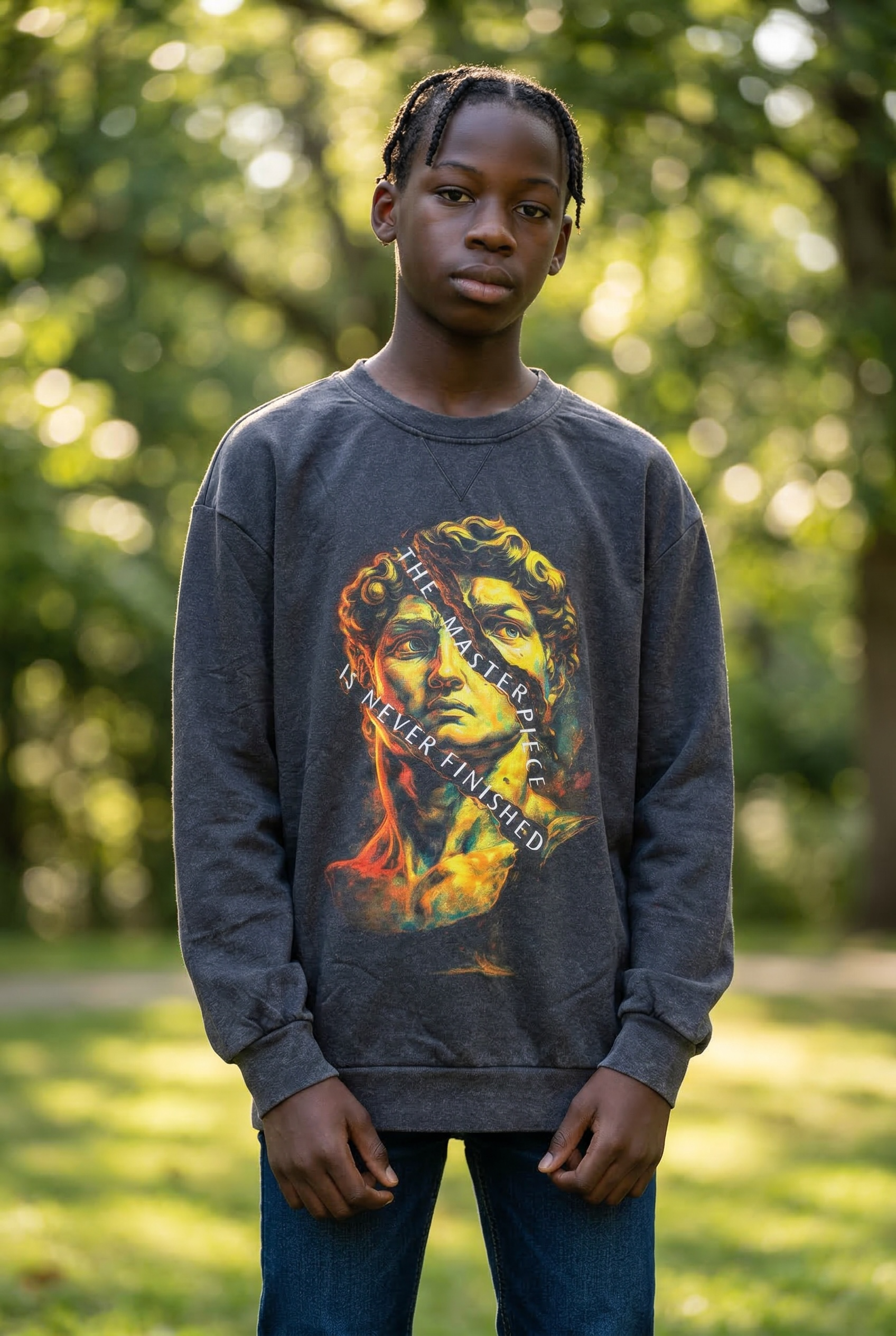 Person wearing a sweatshirt with a colorful graphic design outdoors